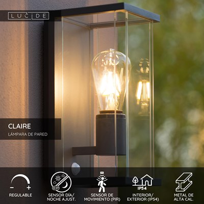 Lucide CLAIRE - Lámpara de pared Dentro/Fuera - 1xE27 - IP54 - Sensor movimiento & día/noche - Antracita